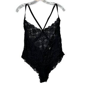 Dreamgirl Black Lace One Piece Bodysuit 1X Lingerie Scalloped Edge V Neck